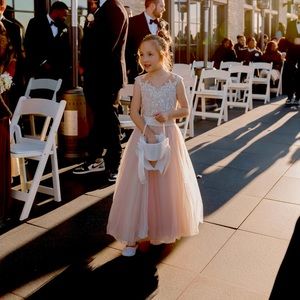 Embellished Glitter Tulle Flower Girl Dress in champagne
